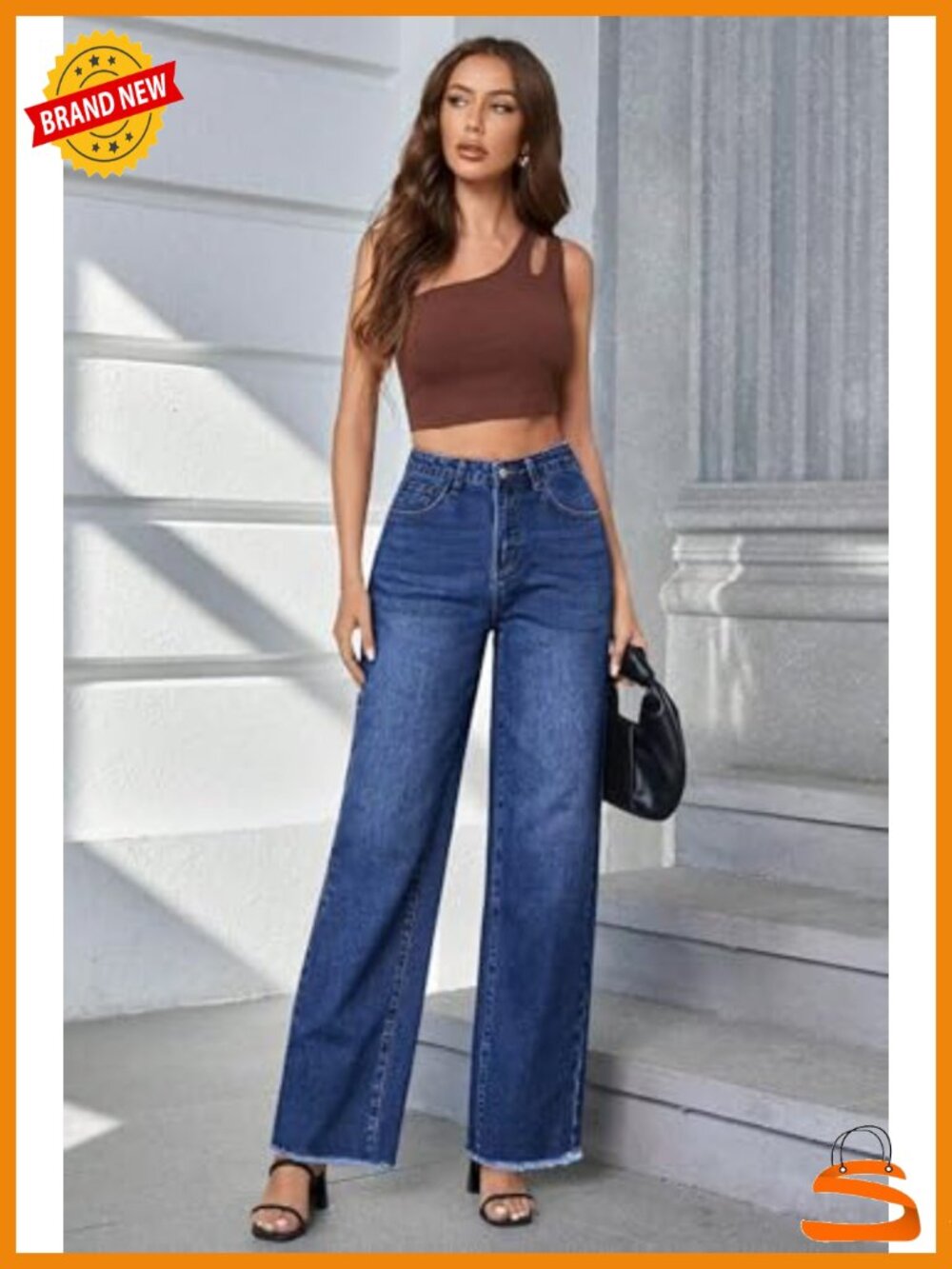 High Waisted Straight Leg Flare Jeans Stretchy Raw Hem Denim Pants - Picture 5 of 6